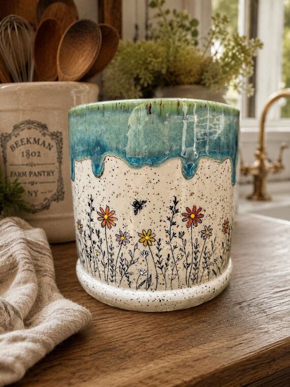 BoHo Floral Meadow Utensil Holder Handmade P...