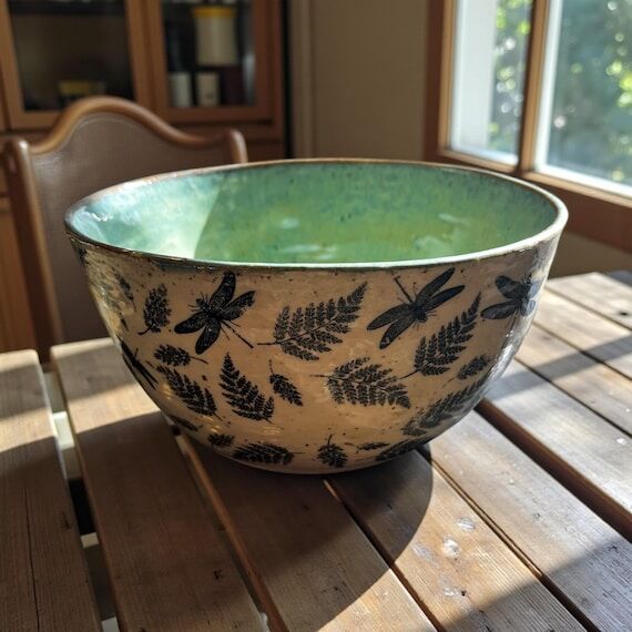 Dragonfly and Fern Wheel Thrown Serving Bowl...