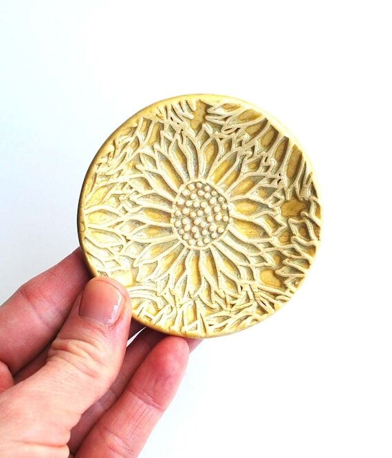 Handmade Ceramic Sunflower Dish: Yellow Potte...