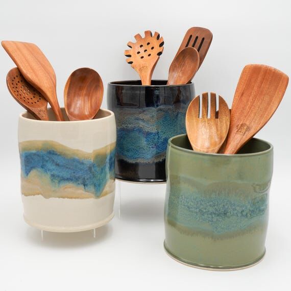 Pottery Utensil Holder: Handmade Wheel Thrown...