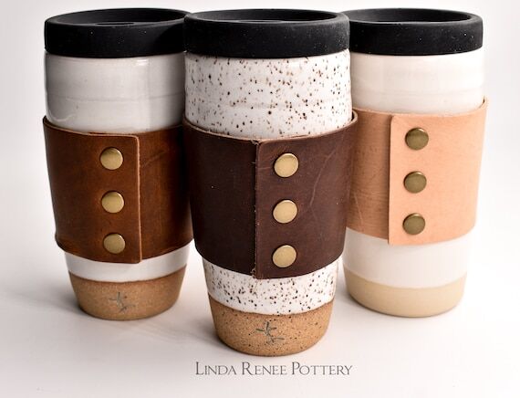 Ceramic Travel Mug Leather Sleeve Lidded Pott...