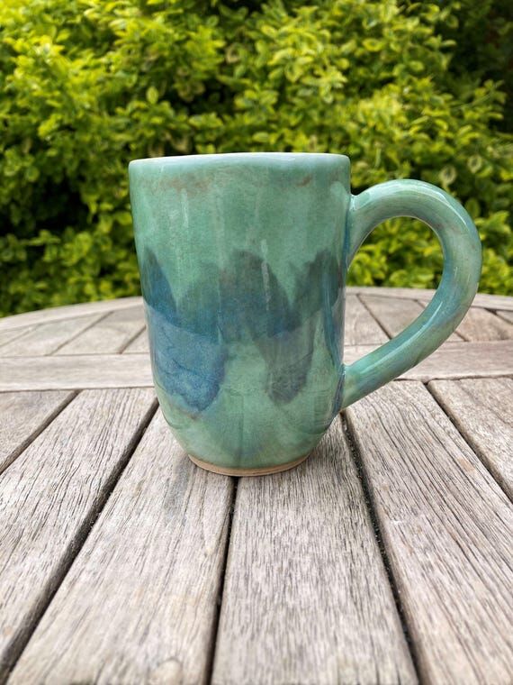 Slim ceramic mug in Coastal blue green, handm...