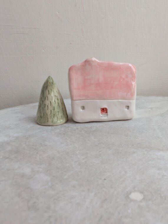 Handmade House and Tree Ornament Set, Miniatu...
