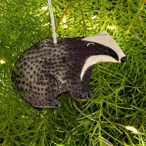 Handmade Porcelain Badger Christmas Ornament:...