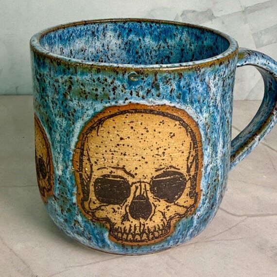 Blue Skull Coffee Mug – 16 oz Handmade Cera...