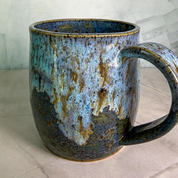 Blue Drippy Coffee Mug – 14 oz Handmade Ce...