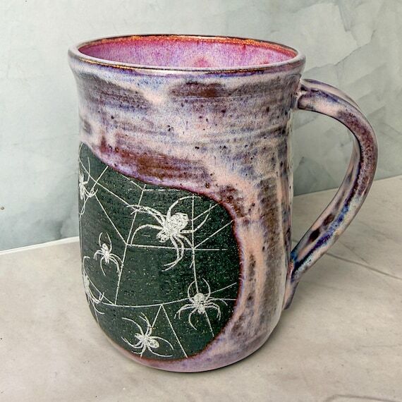 Pink Spider Coffee Mug – 14 oz Handmade Pur...