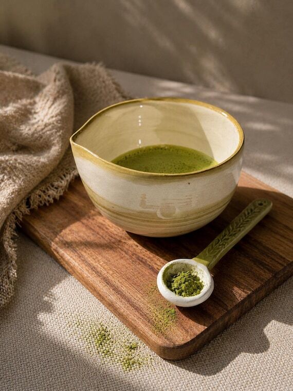 Set of Handcrafted Green Ceramic Matcha Mixin...