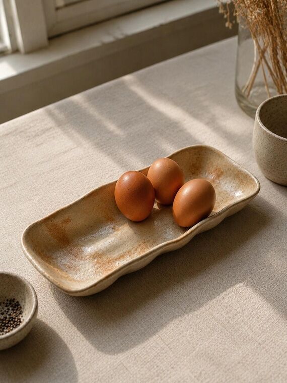 Handmade Cream Stoneware Egg Holder, Rustic F...