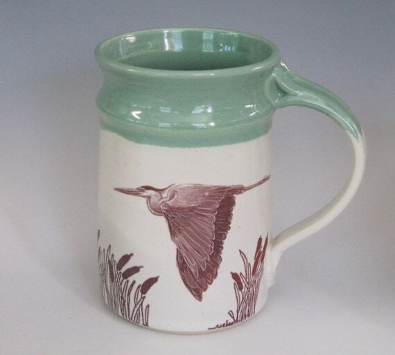 Hand-Thrown Stoneware Mug, Heron and Cattail ...