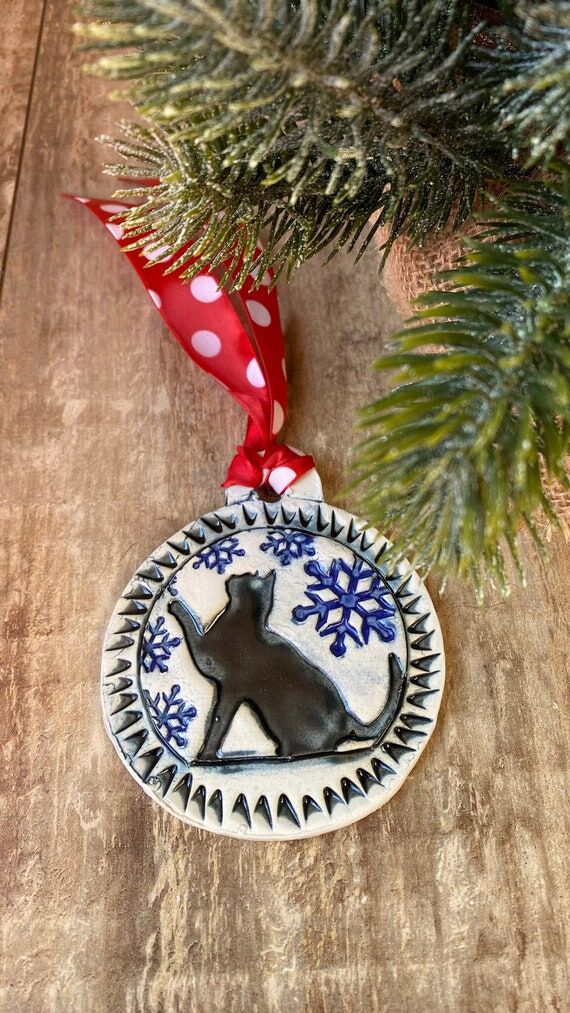 Handmade pottery ceramic Cat Christmas orname...
