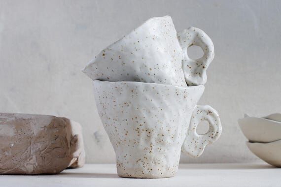 Handmade Ceramic Mugs with Coral-Inspired Han...