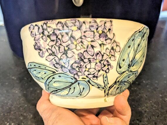 Handmade Lilac Floral Bowl, Hand-Painted Pott...