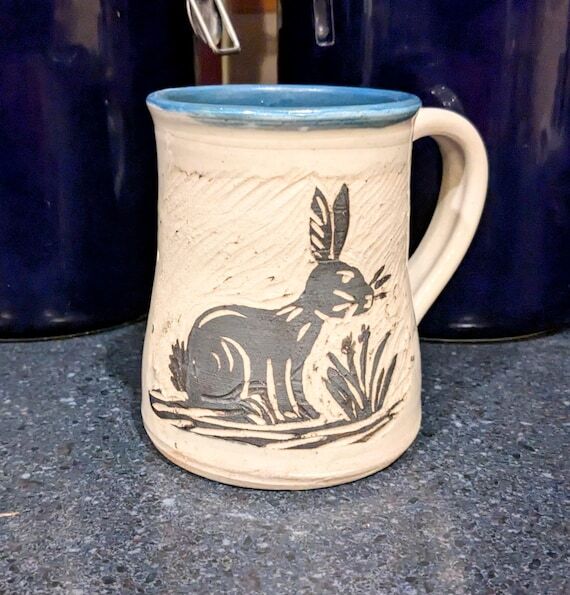 Handmade Ceramic Sgraffito Blue Rabbit Coffee...