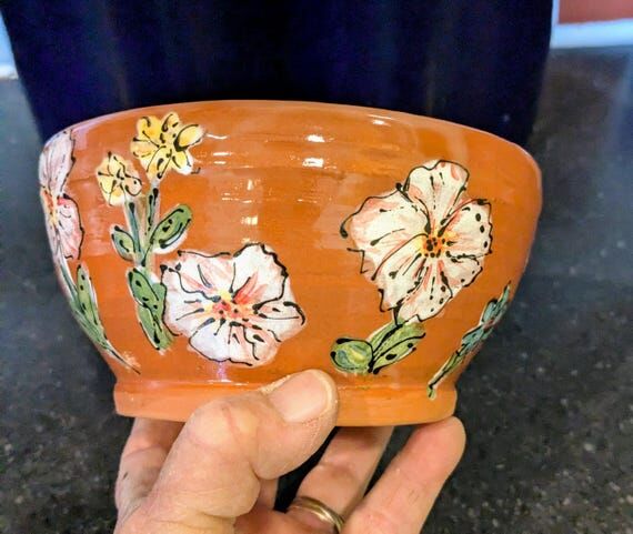 Hand Painted Flower Pottery Bowl, Botanical E...