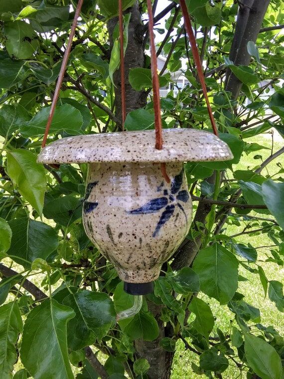 Stoneware Pottery Hummingbird Feeder with Lea...