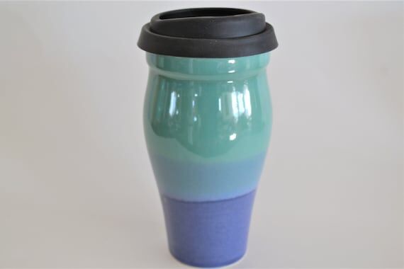 Medium Blue Green Ceramic Travel Mug with Sil...
