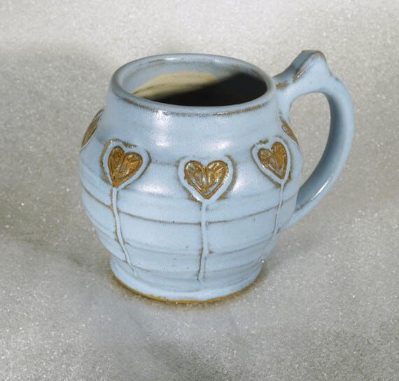 Sky Blue Folk Heart Pottery Coffee Mug, Larg...