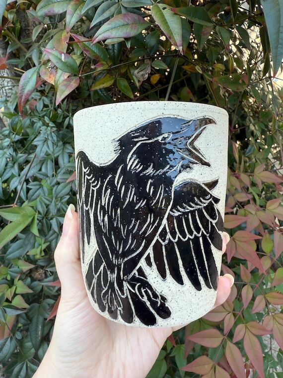 Hugin and munin raven handmade sgraffito cup...