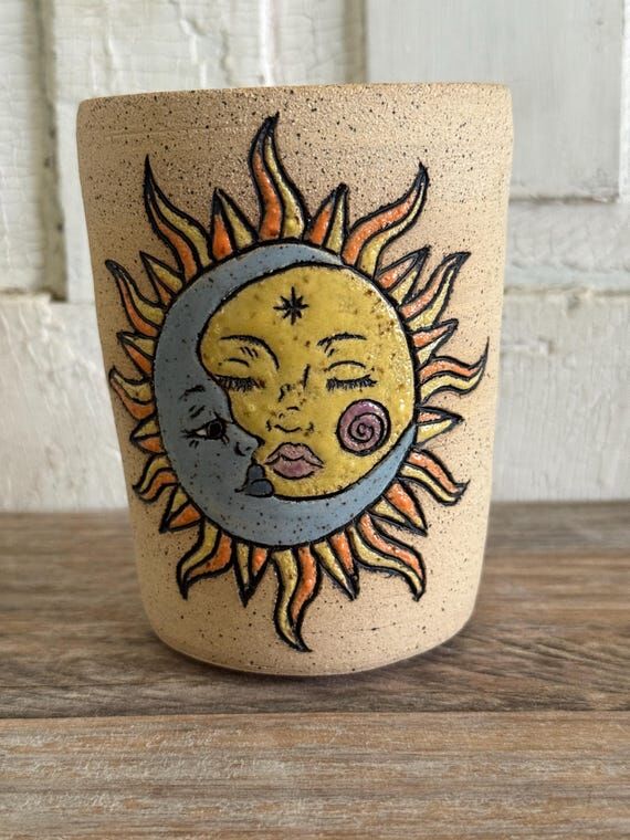 Celestial Sun and Moon hand made Sgraffito ce...
