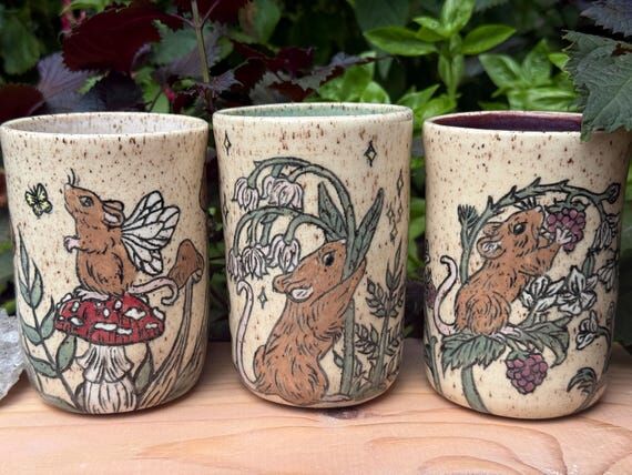 Hand-Carved Sgraffito Pottery Cup, Whimsical ...