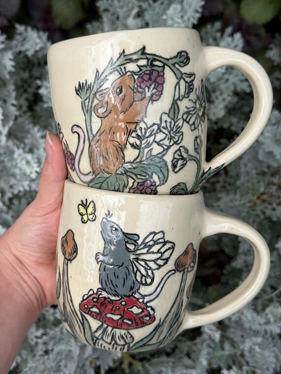 Hand-Carved Sgraffito Pottery Mug, Whimsical ...