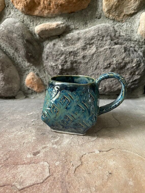 Handmade Pottery Ceramic Blue Leaves Mug for ...