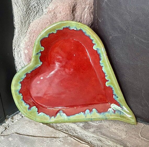 Handmade Pottery Large Red Ceramic Heart Plat...