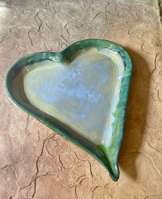 Handmade Pottery Large Blue Ceramic Heart Lar...
