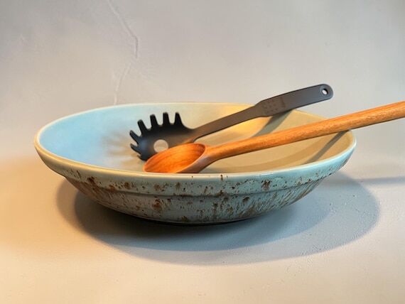 Large Bowl, Blue Brown Stoneware Speckled cen...