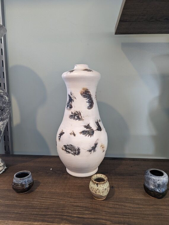 Feather Burned Dry Bottle Vase, Handmade Pott...
