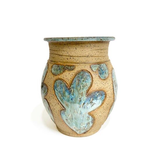 Carved Stoneware Vase: Blue Green Cactus Desi...