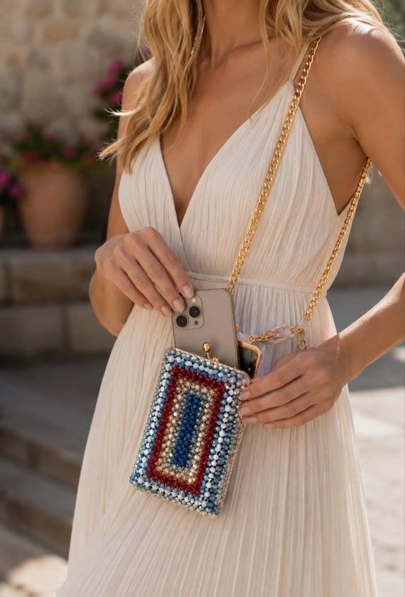 Handmade Beaded Phone Bag, Crossbody Cell Pho...