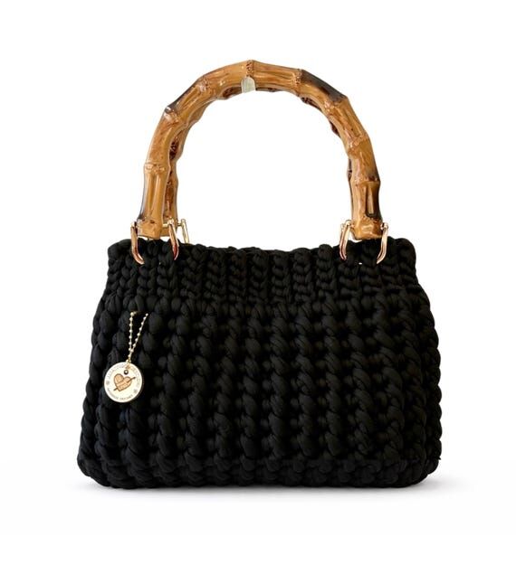 Black Crochet Bubble Bag with Bamboo Handle ...