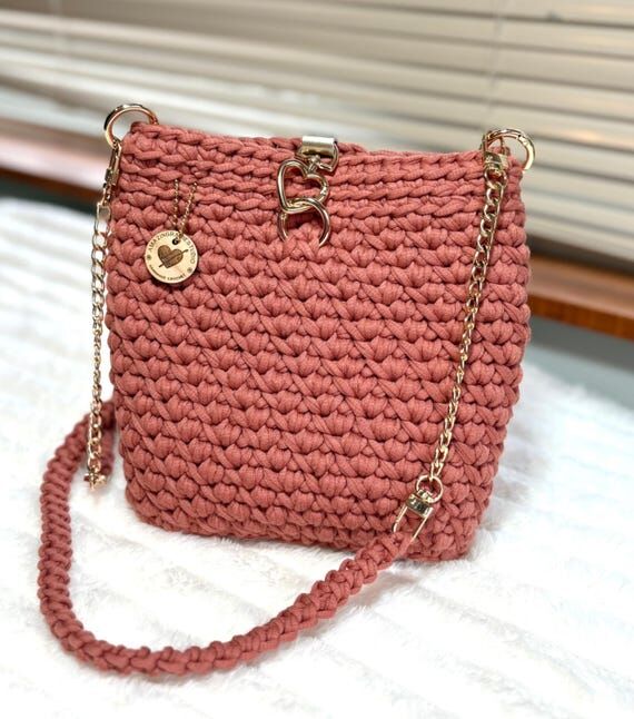 Terracotta Rose Crochet Purse with Gold Chain...
