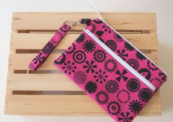 Pink Retro Wristlet Clutch, Handmade Zipper P...