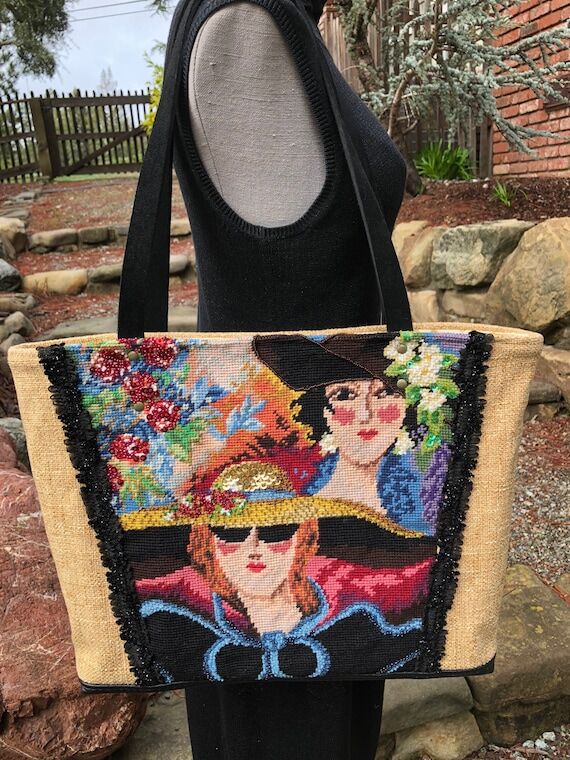 Shoulder Bag Tote, Ladies in Hats Needlepoint...