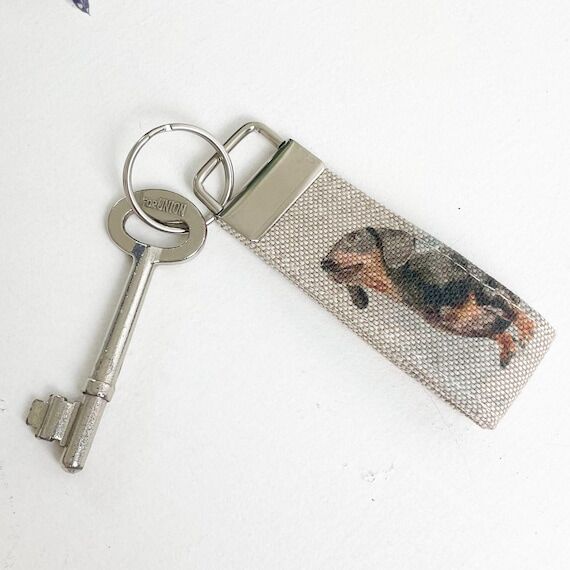 Dachshund Print Key Fob: Linen Effect Fabric,...