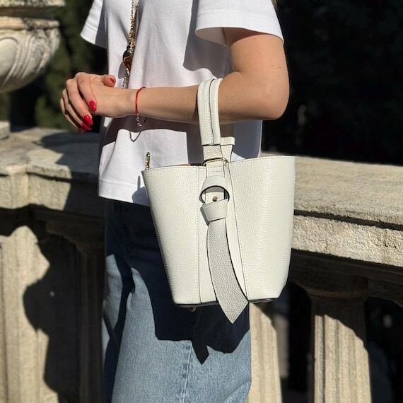 White Leather Bucket Bag - Convertible Leathe...