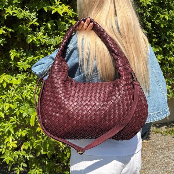 Woven Leather Burgundy Shoulder Bag - Slouchy...