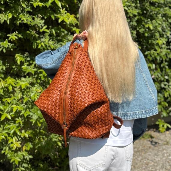 Soft Woven Leather Backpack Purse - Braided C...