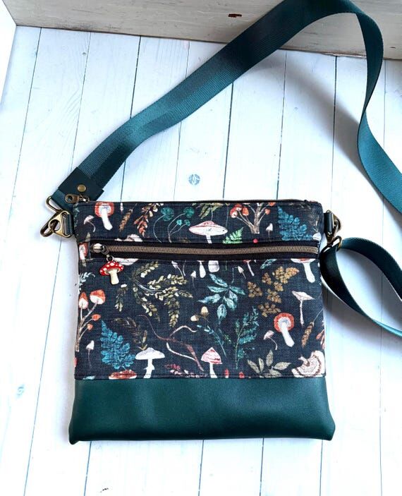 Mushroom Floral Canvas Crossbody Bag, Genuine...
