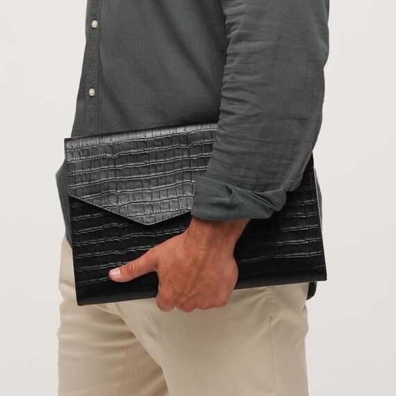 Black Croco Leather MacBook Sleeve: Walnut Wo...