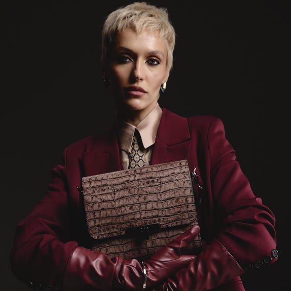 Brown Crocodile Embossed Italian Leather Bag:...