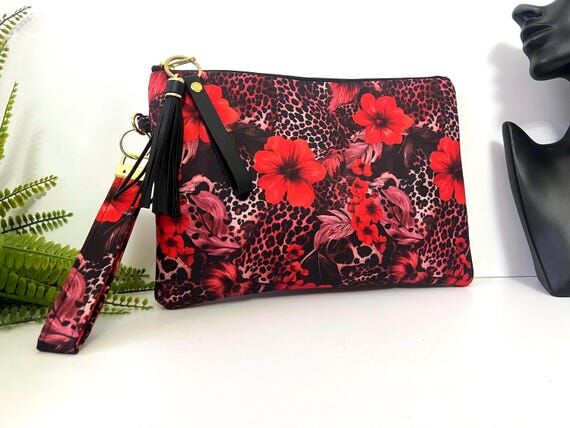 Red Floral Leopard Print Clutch Bag | Handmad...