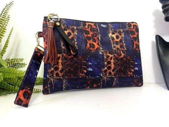 Faux Denim & Leopard Print Clutch Bag | Handm...