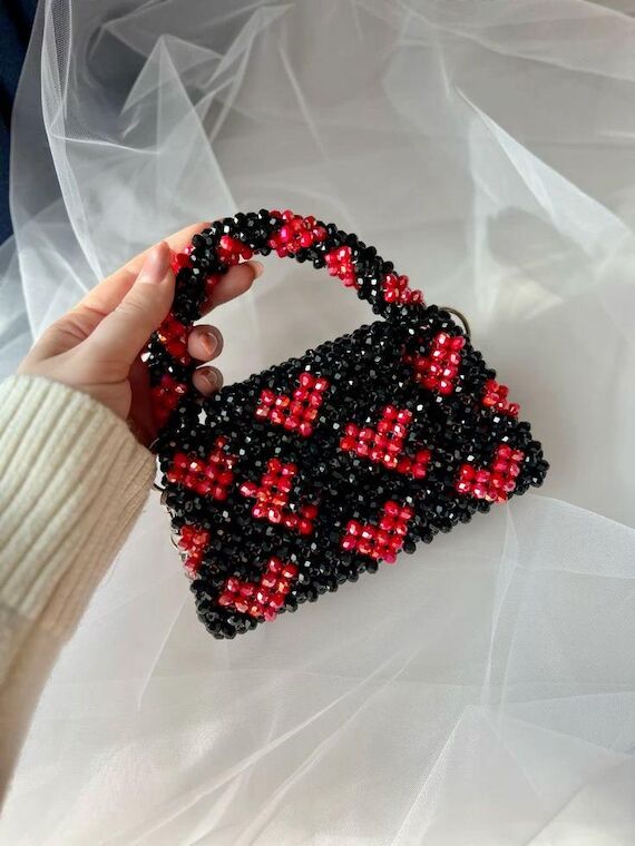 Black And Red Beaded Bag | Heart Beaded Hand...