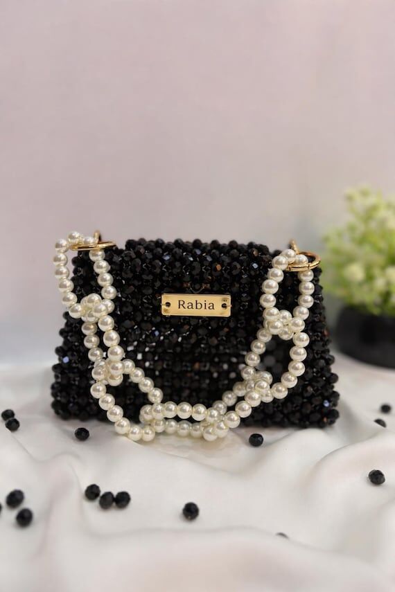 Black Beaded Handbag With Pearl Handle | Eleg...