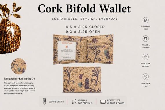 Bi-Fold Cork Wallet - Vegan - ID Pocket - Han...