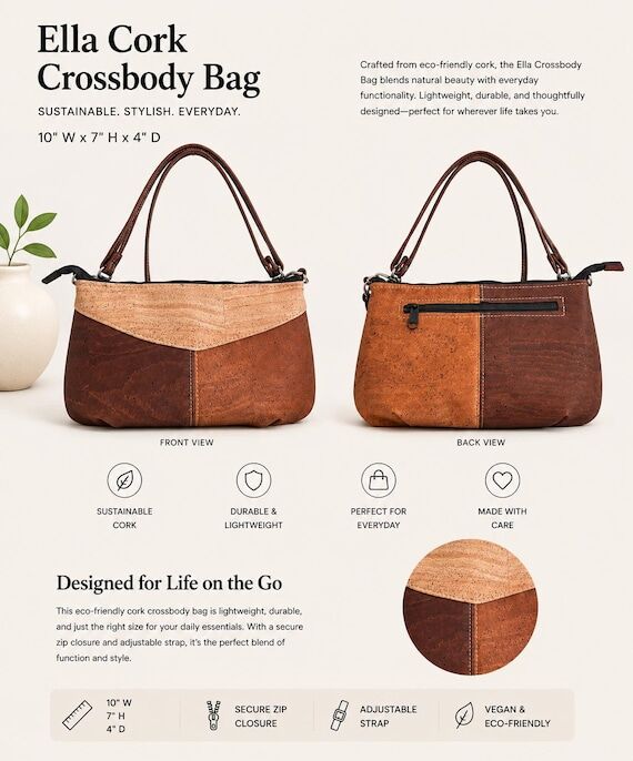 Ella Cork Crossbody Bag - Handmade - Vegan - ...